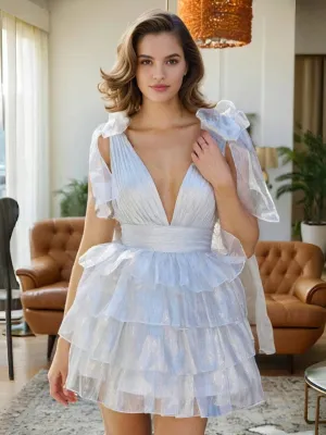 White Layers V-neck Bow Tie Straps Open Back Homecoming Dresses