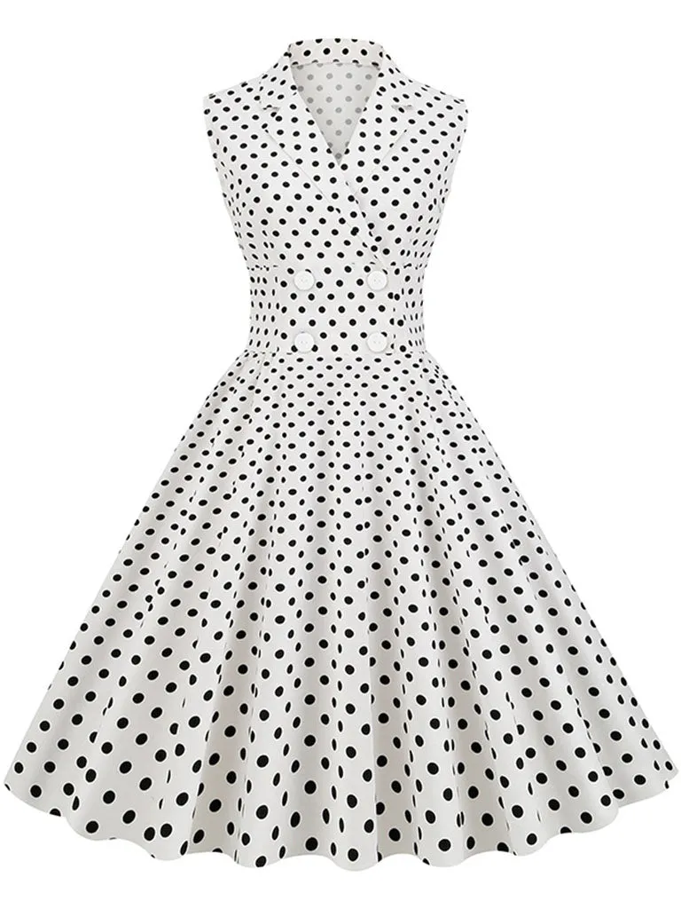 White Polka Dots Sleeveless 1950S Vintage Shirt Swing Dress