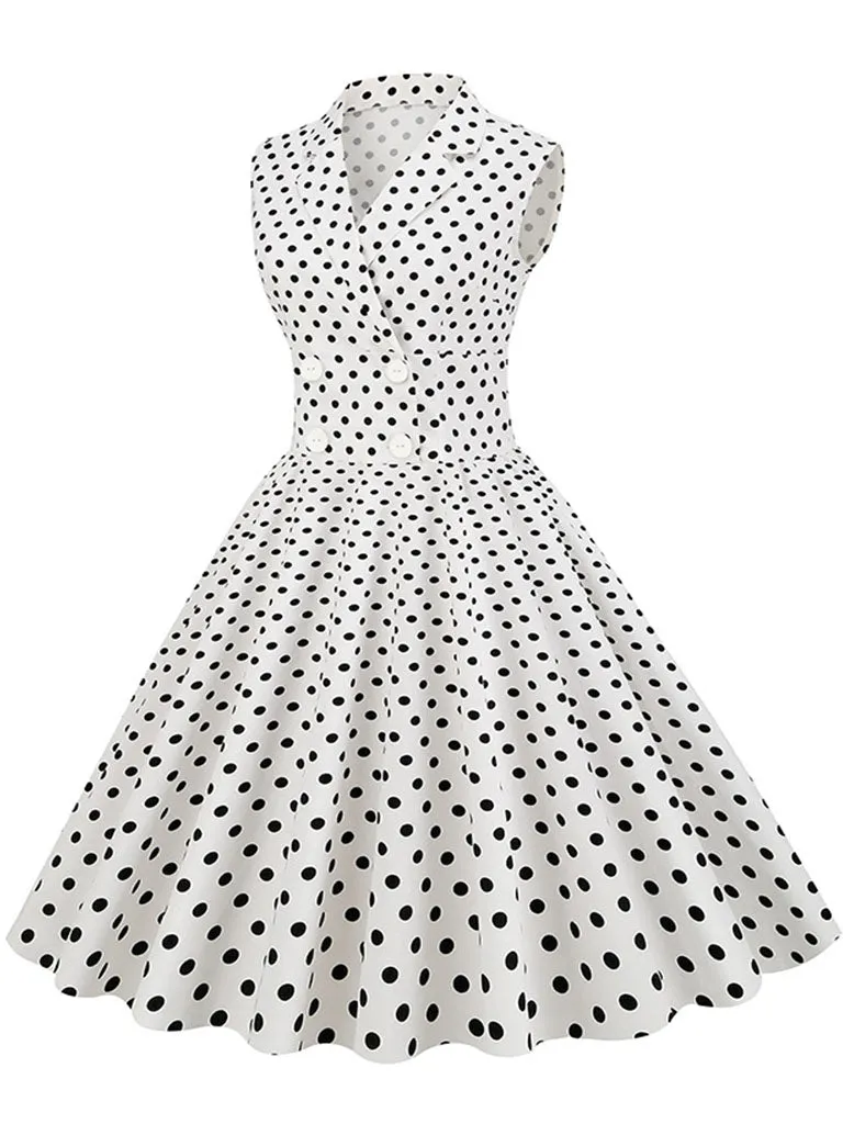 White Polka Dots Sleeveless 1950S Vintage Shirt Swing Dress
