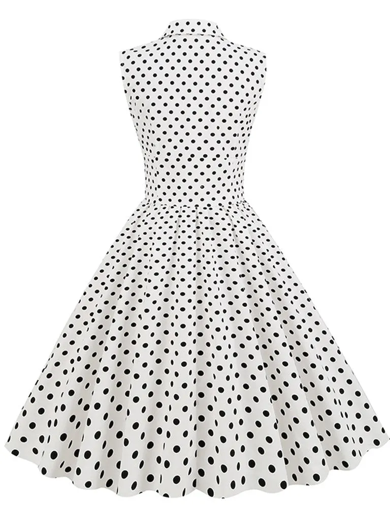 White Polka Dots Sleeveless 1950S Vintage Shirt Swing Dress