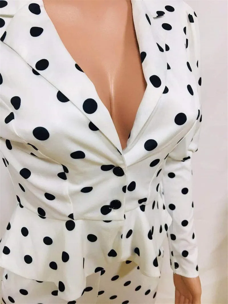 White Women Blazer Suit Polka Dot 2 Piece Set