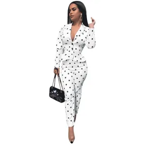 White Women Blazer Suit Polka Dot 2 Piece Set