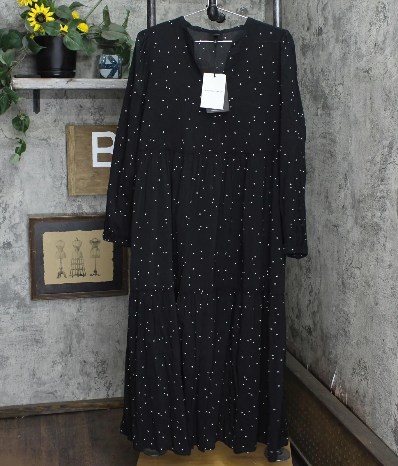 Who What Wear Women's Polka Dot Long Sleeve Tiered Flowy Dress WD-783