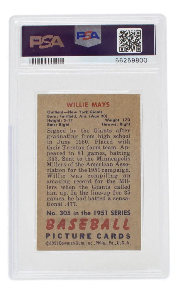 Willie Mays 1951 Bowman #305 New York Giants Rookie Card PSA VG-EX  4.5