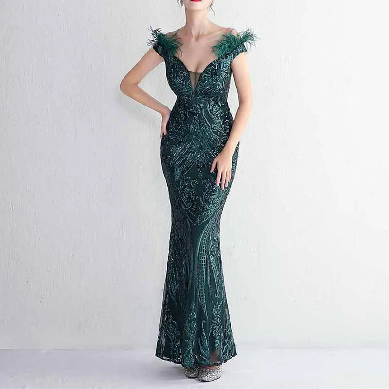 Women Wedding Party Dress Sequin Dress Feather Evening Prom Event Dress