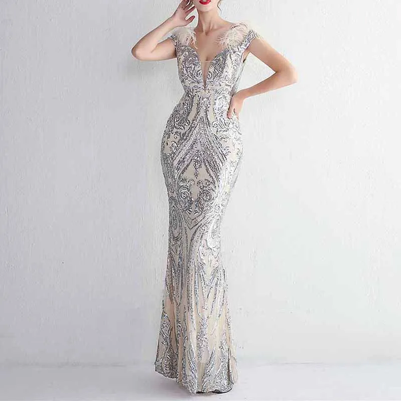 Women Wedding Party Dress Sequin Dress Feather Evening Prom Event Dress