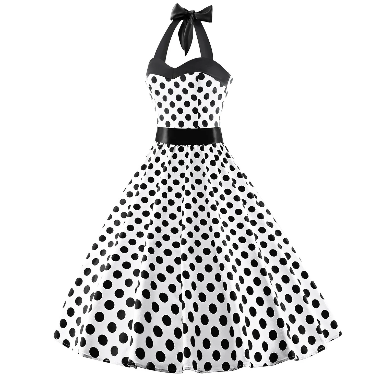 Women's 1950s Retro Cocktail Vintage White Dress with Black Polka Dots