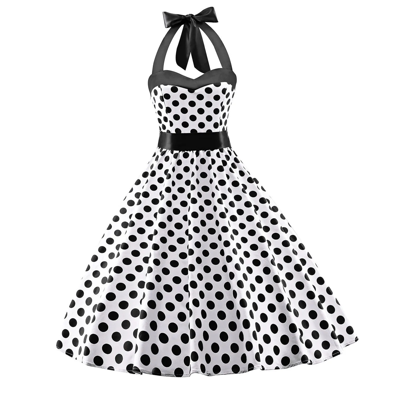 Women's 1950s Retro Cocktail Vintage White Dress with Black Polka Dots