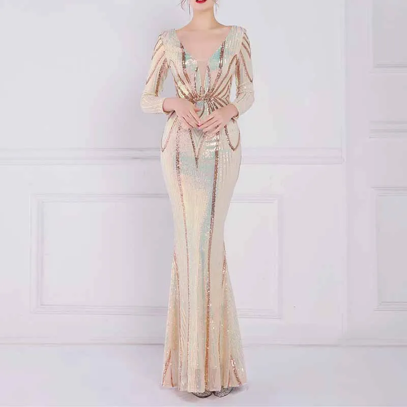 Women's Evening Dress Tight-Fitting Long Sleeve Sequin Formal Occasion Dress S-4XL