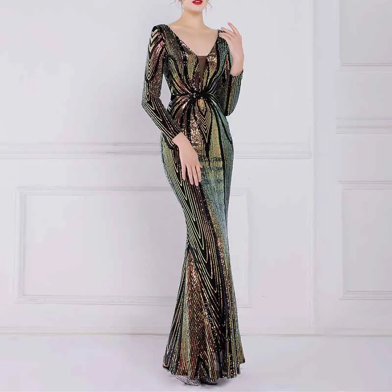 Women's Evening Dress Tight-Fitting Long Sleeve Sequin Formal Occasion Dress S-4XL