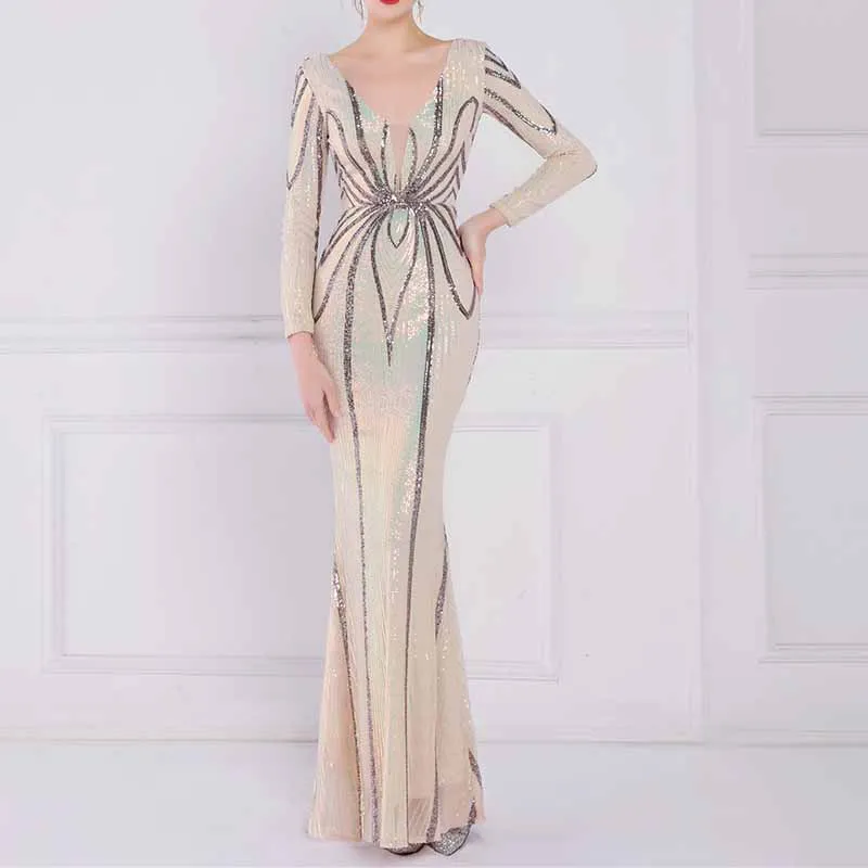 Women's Evening Dress Tight-Fitting Long Sleeve Sequin Formal Occasion Dress S-4XL