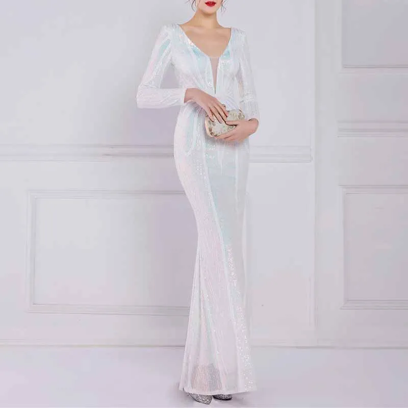 Women's Evening Dress Tight-Fitting Long Sleeve Sequin Formal Occasion Dress S-4XL
