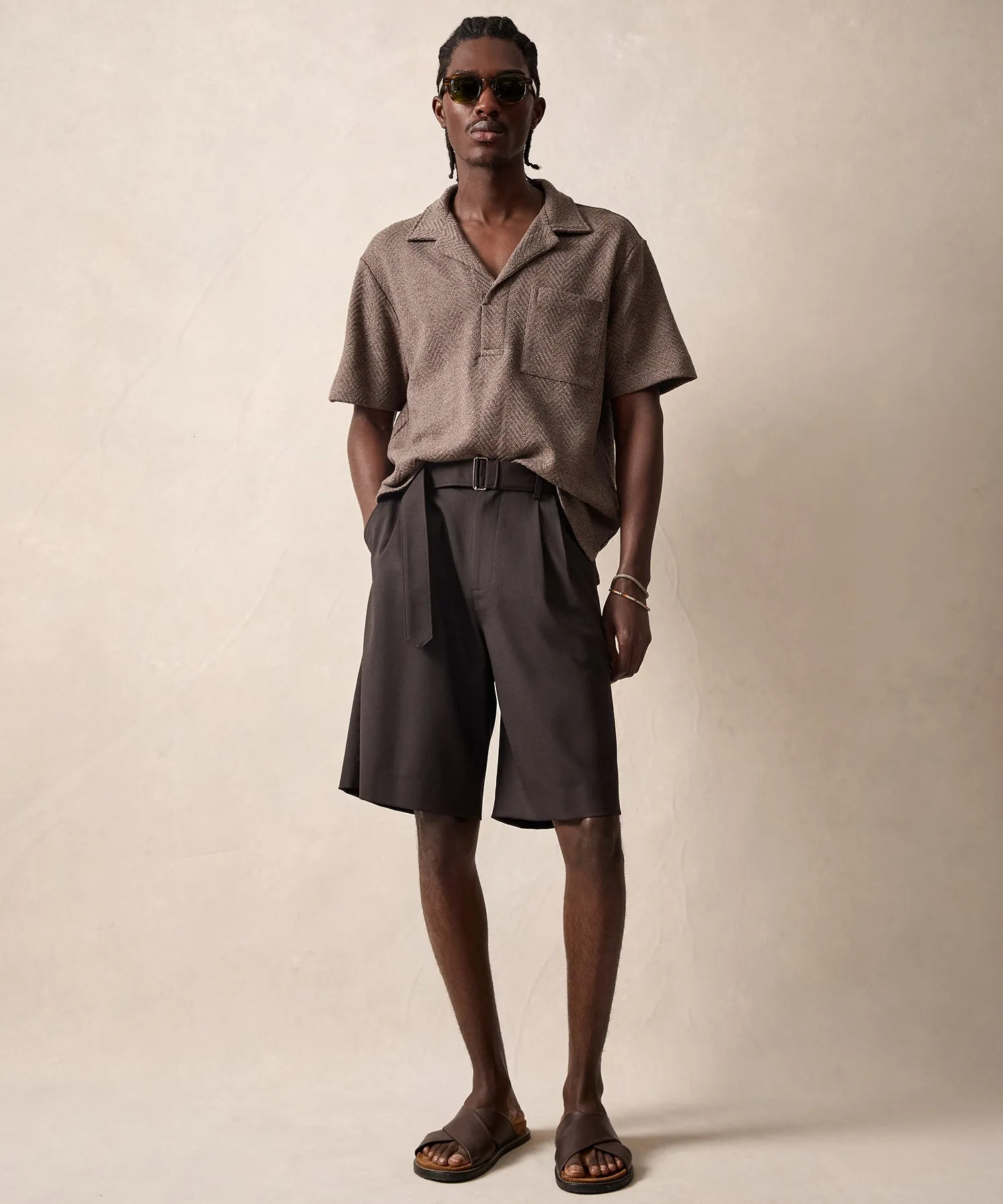 Wool Cotton Knit Herringbone Polo in Burlap
