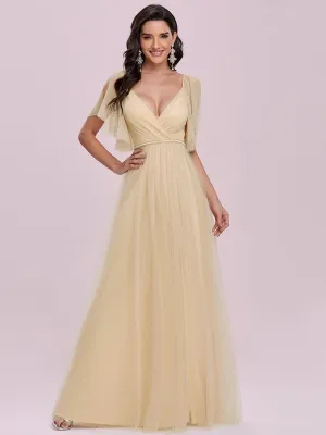 Yellow Prom Dress A-Line V-Neck Tulle Short Sleeves Backless Sash Party Dresses Long Evening Dress