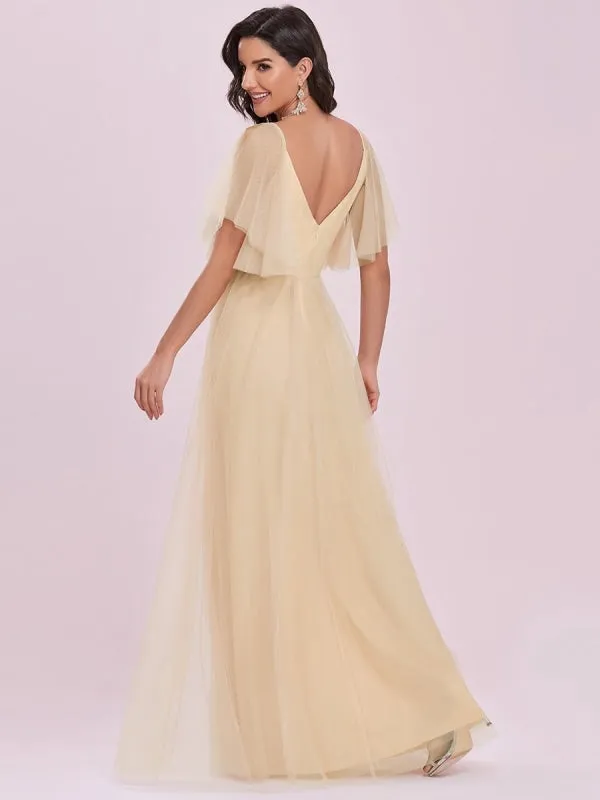 Yellow Prom Dress A-Line V-Neck Tulle Short Sleeves Backless Sash Party Dresses Long Evening Dress