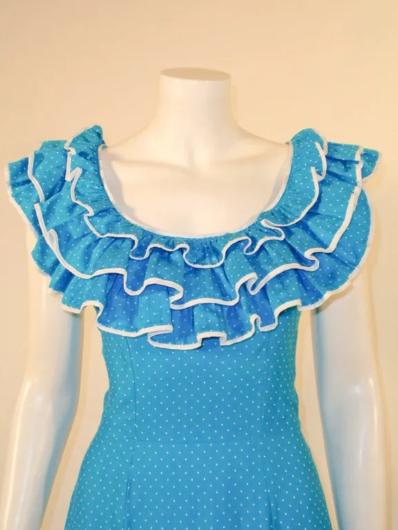 YVES SAINT LAURENT Blue White Polka Dot Ruffle Gown 4