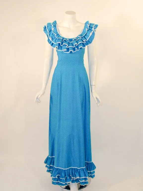 YVES SAINT LAURENT Blue White Polka Dot Ruffle Gown 4
