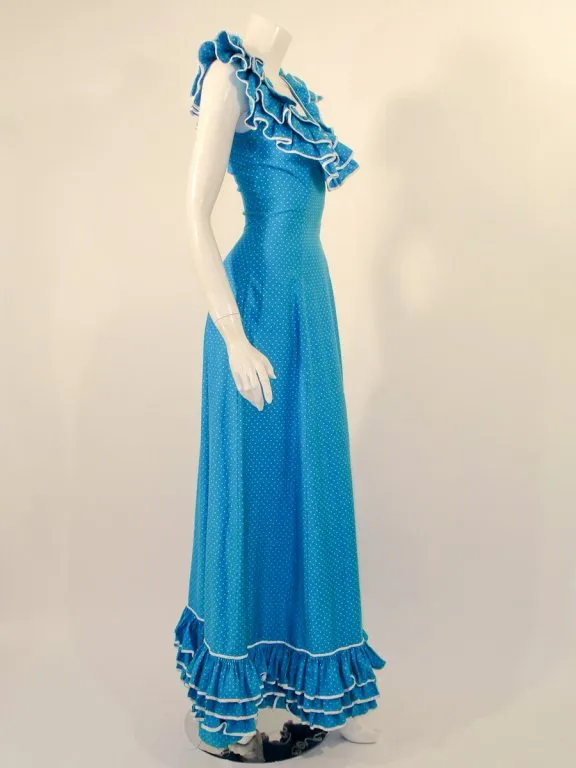 YVES SAINT LAURENT Blue White Polka Dot Ruffle Gown 4