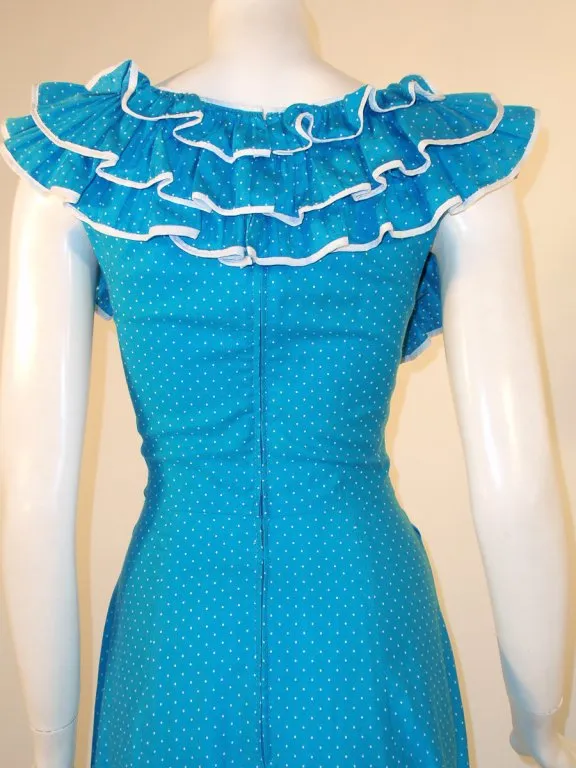 YVES SAINT LAURENT Blue White Polka Dot Ruffle Gown 4