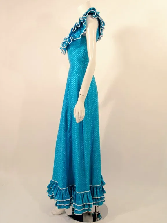 YVES SAINT LAURENT Blue White Polka Dot Ruffle Gown 4