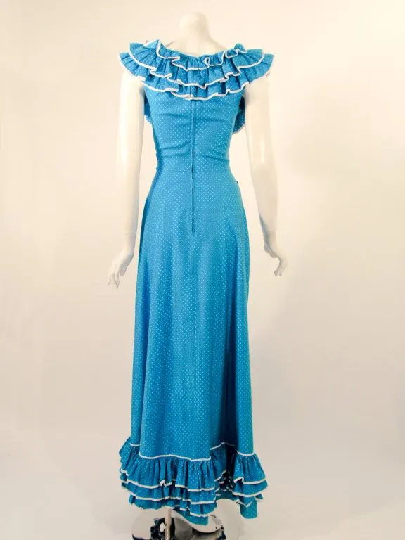 YVES SAINT LAURENT Blue White Polka Dot Ruffle Gown 4